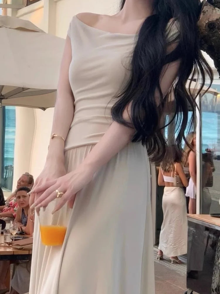 White Long Dresses Fairycore Slash Neck Inclined Shoulder Vestidos Summer Laceup Ruched Trumpet Dress