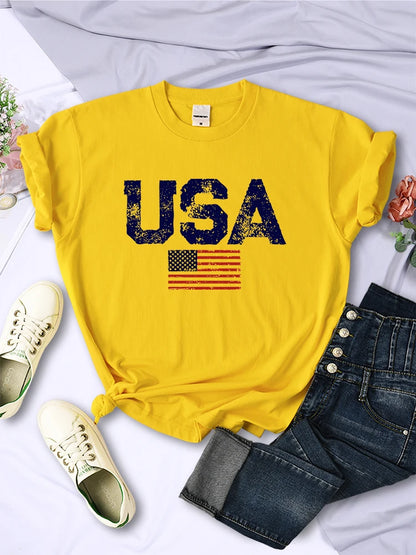 Usa Letters American Flag Stars and Stripes Printed T-shirts Street Hip Hop Tee Clothing Summer Breathable Tshirt Female