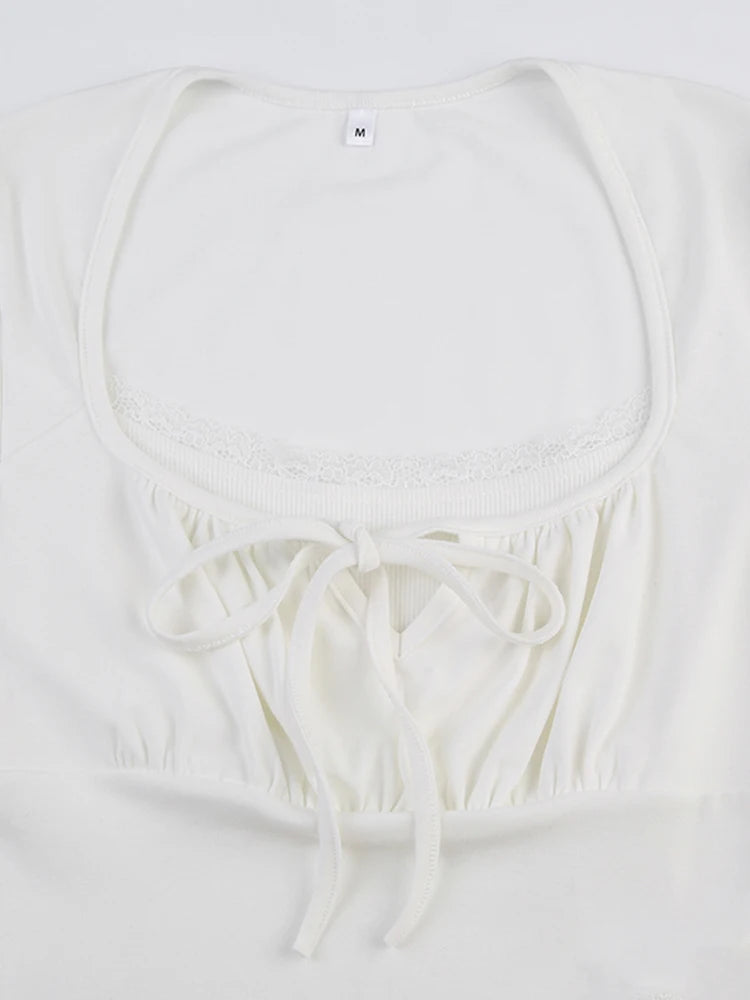Bust Ruched Tie Patchwork Lace Short Sleeve White T-shirt Balletcore Y2k Clothes