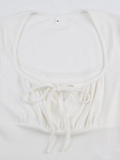 Bust Ruched Tie Patchwork Lace Short Sleeve White T-shirt Balletcore Y2k Clothes