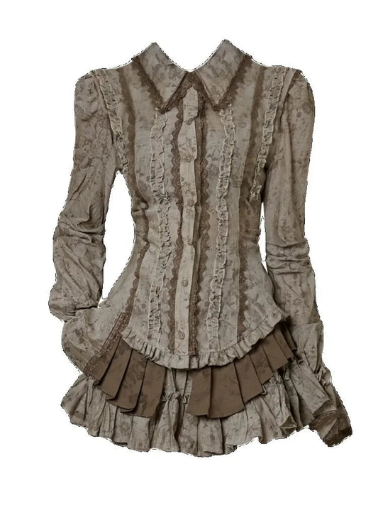 Lapel Neck Lace Shirts Autumn New Slim Fit Ruffles Blouses Y2k Grunge Long Sleeve Blusas Mujer Dress
