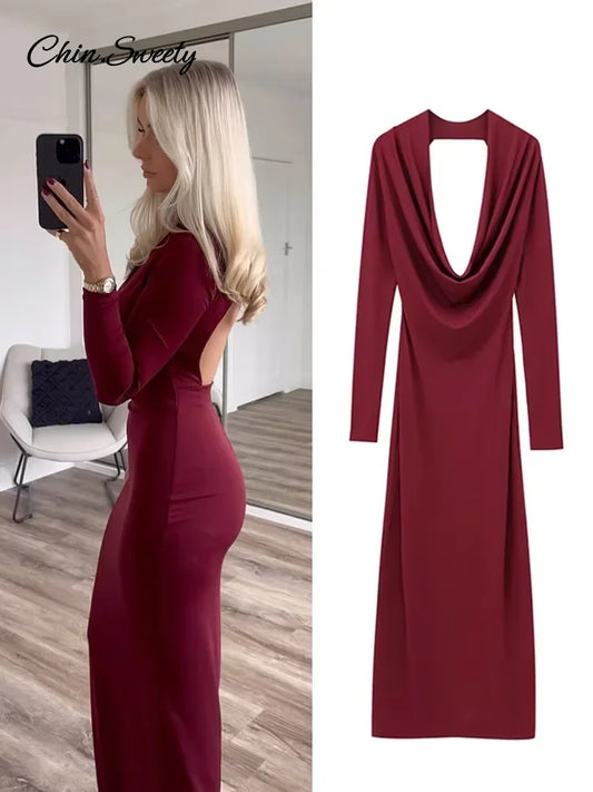 Hang Neck Burgundy Long Party Dress Halter Full Sleeve Maxi Dresses Autumn Lady Slim Hip Package Gowns New