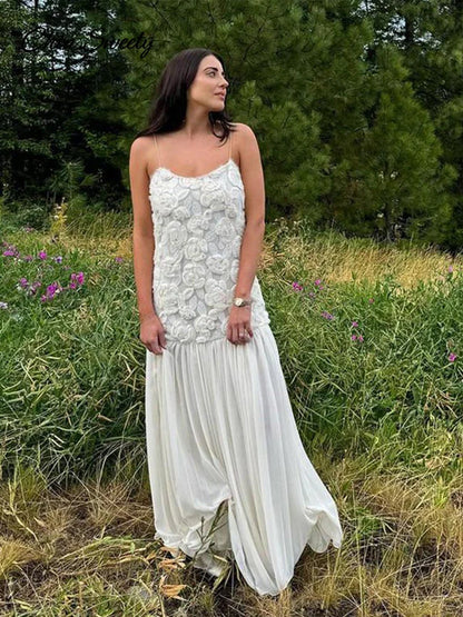 3d White Long Dress Patchwork Backless Pleated Party Evening Dresses Female Summer Lady A-line Robes