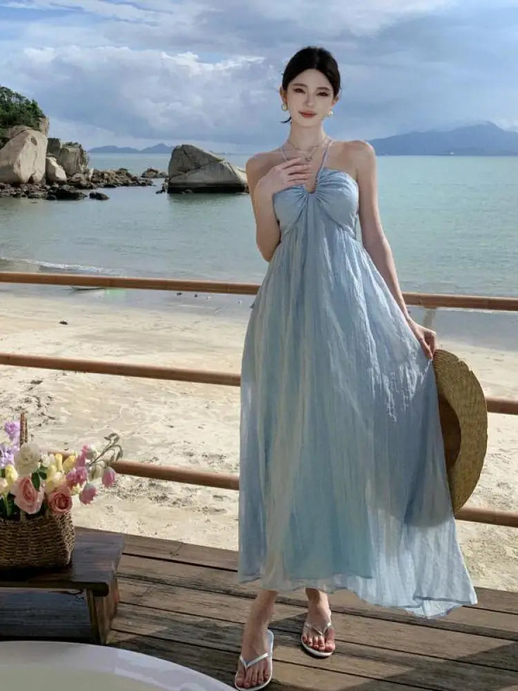 Blue Checkered Backless Halter Laceup Long Dresses Summer New High Waist Club Beach Vacation Pleated Sundress