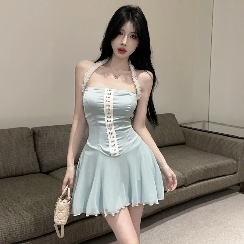 Evening Dress Woman Sleeveless Halter Patchwork Ruffles Sweet Slim Cocktail Mini Dresses Birthday Party