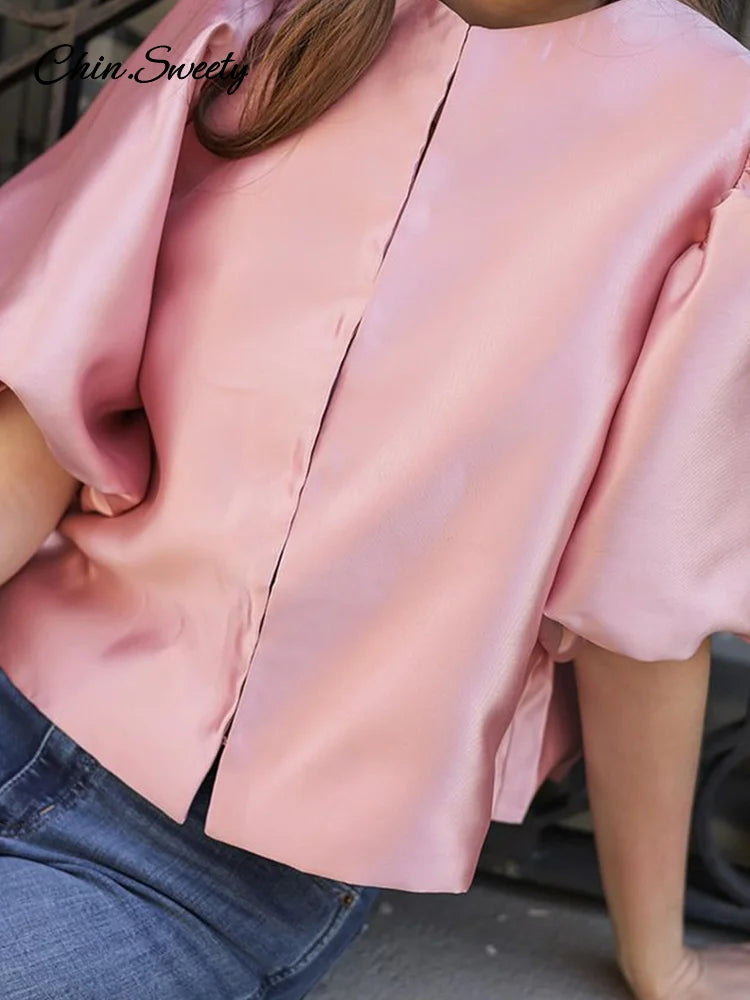 Satin Puff Short Sleeve Top Loose Buckle O-neck Shirts Female Spring Summer Office Lady Outwear
