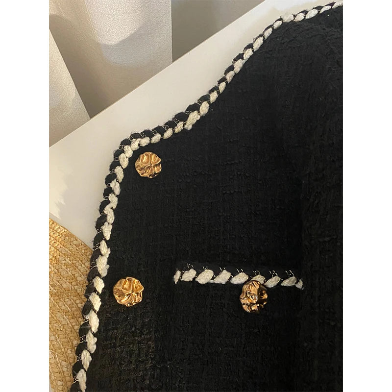 Tweed Jacket Cropped Quilted Coat Commute Black Blazer Winter Korean Short Outerwear Tops New