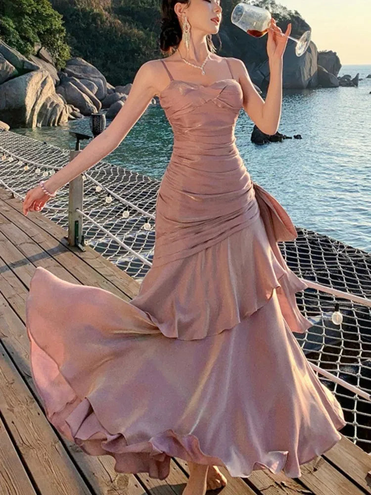 Spaghetti Strap Long Dresses Sleeveless Princess Ruffles Evening Party Dress Summer Holiday Beach Vestidos Robe New