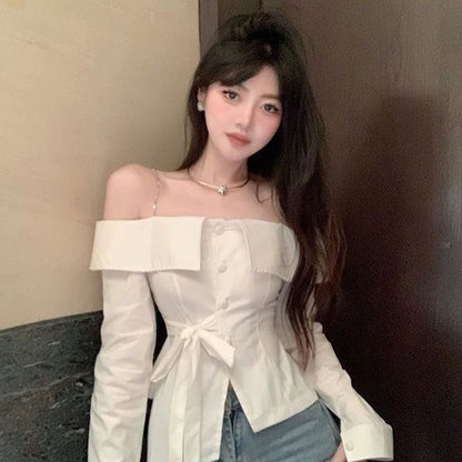 Slash Neck Shirts Ruffles Bandage White Blouses Korean Chain Long Sleeve Design Slim Tops New