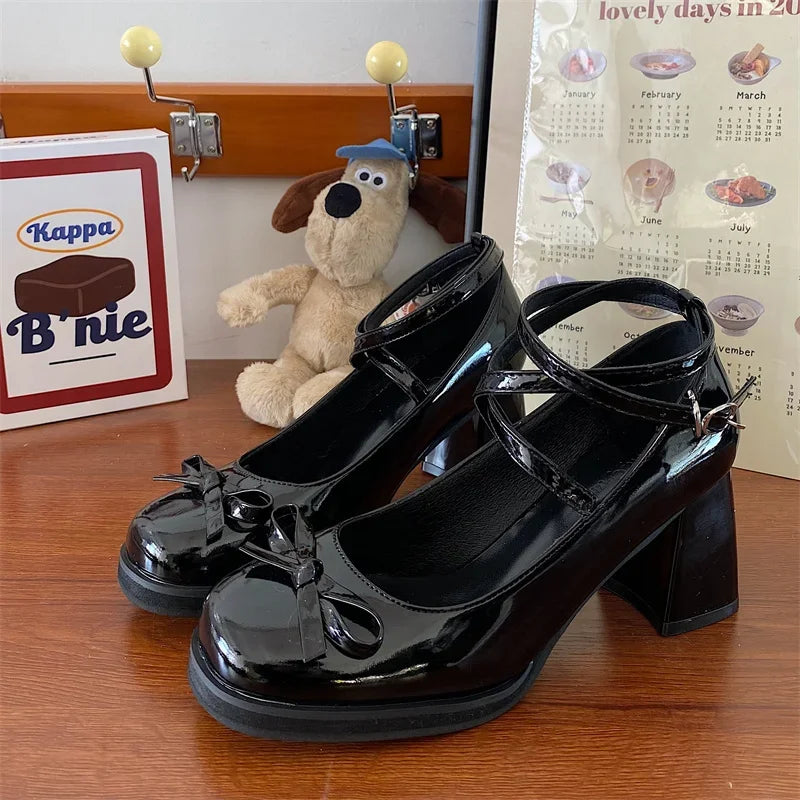 Red Mary Jane Pumps Thick High Heels Shoes Female Lolita Square Toe Shoes Spring Party Leather Woman Shoes New
