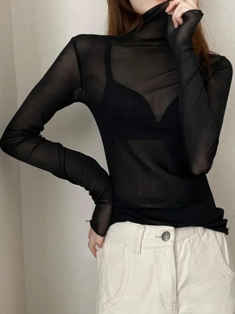 Spring Summer Long Sleeve Black Mesh Top Blouses Transparent Punk Clubwear Shirt Tees Beach Tops Bottom Tops