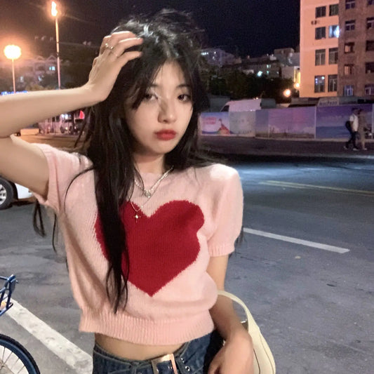 Preppy Top Shirt Youth Blouse Summer Blouses Woman Sweet Knitted Tee Crop Top Korean