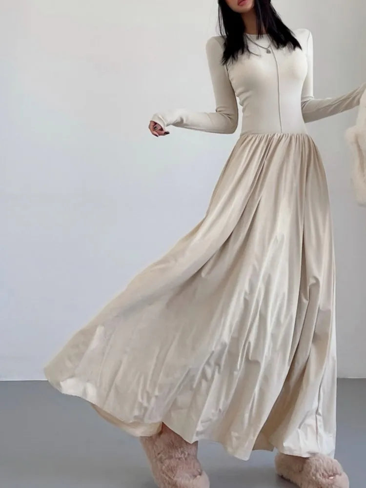 Patchwork Long Dresses for O-neck Long Sleeves A-line Autumn Spring Korean One Piece Vestidos Mujer New
