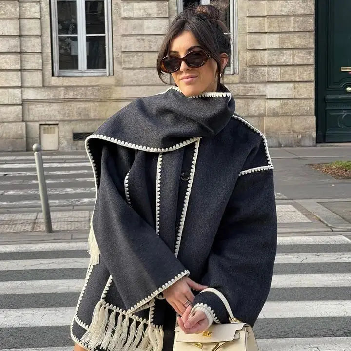 Loose Coat With Scarf Long Sleeve Pocket Single Breasted Female Coats Autumn Winter Lady Jacket