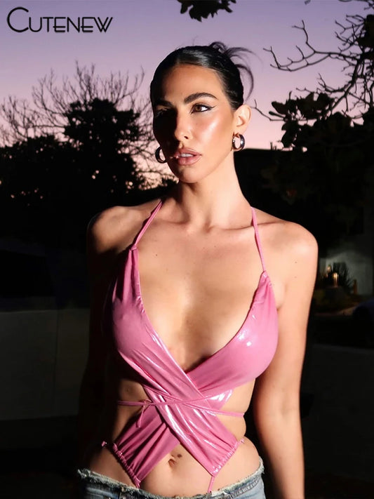 Shiny Bodysuits Cross Bandage Waistless Backless Slim Rompers Female Attractive Nightout Club Camisoles
