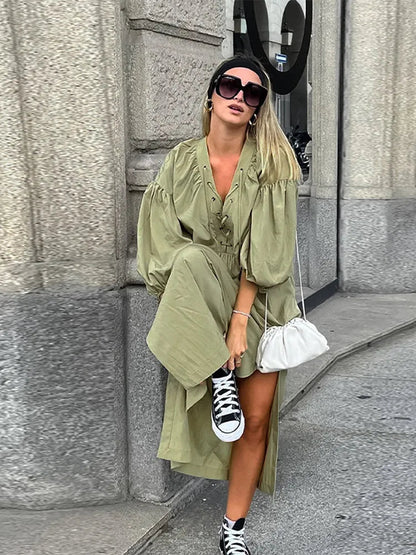 Street Lace Up Long Dresses New Loose V-neck Side Slit Dress Female Summer Versatiel Street Party Robes