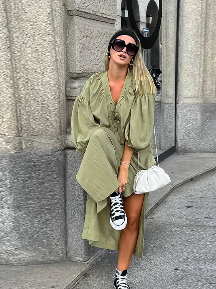 Street Lace Up Long Dresses New Loose V-neck Side Slit Dress Female Summer Versatiel Street Party Robes