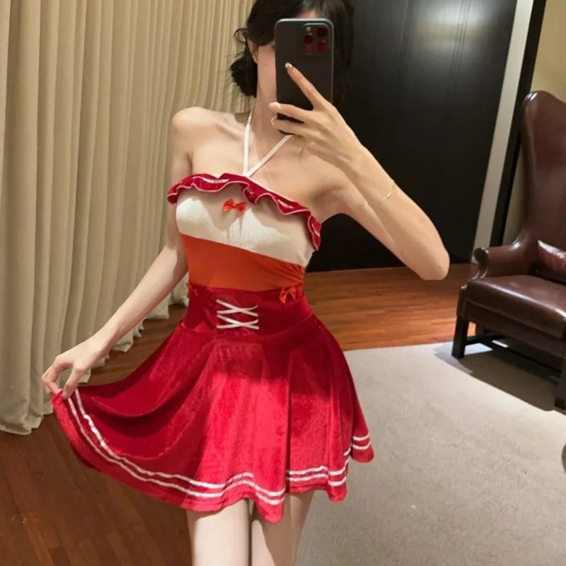 Mini Dresses Bow Bandage Slim Ruffles Sleeveless Halter Backless Clubwear Sweet Party