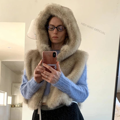 Exclusive Y3k Hooded Sleeveless Faux Fur Coat Waistcoat Autumn Winter Gradient Fox Fur Vest Top Gilet Femme