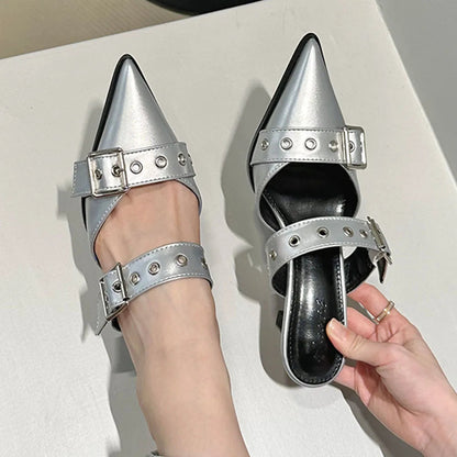Pumps Belt Buckle Pointed Toe Black High Heel Mule Summer Slides Half Slipper Shoes for Big Size 43