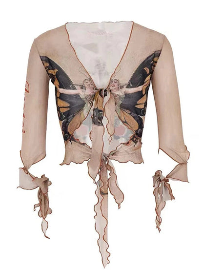 Womnen Coquette Gyaru Gauze Shirts Graphic Long Sleeve Blouses Vneck Backless Y2k Crop Tops 2000s Aesthetic