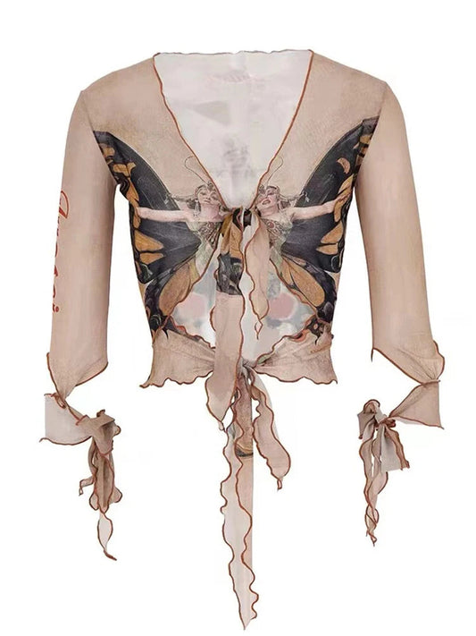 Womnen Coquette Gyaru Gauze Shirts Graphic Long Sleeve Blouses Vneck Backless Y2k Crop Tops 2000s Aesthetic