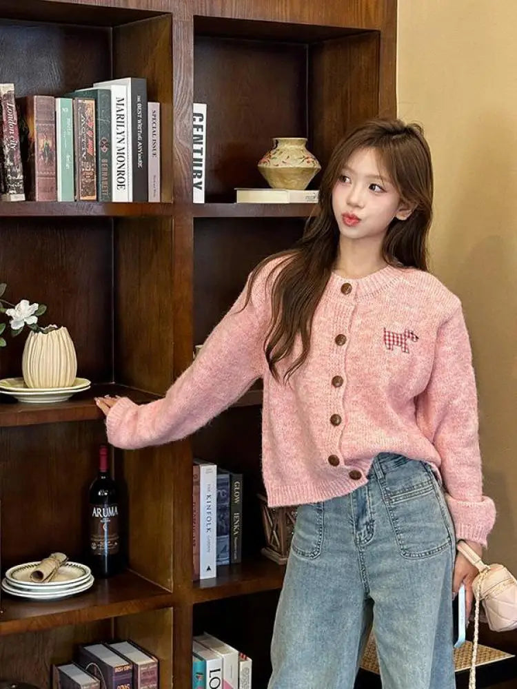 Korean Print O Neck Long Sleeve Cardigan Sweater Autumn Winter Retro Single Breasted Knitwear Tops Popular