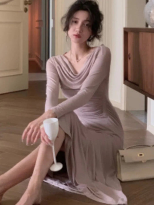Off Shoulder Knit Midi Dresses Autumn Long Sleeve Pleated Dress Slim Evening Party Female Clothing