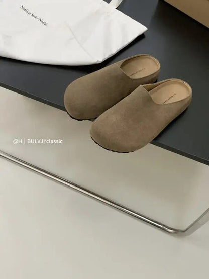Low Slippers Soft Flock Cover Toe Loafers Female Shoes Slides Platform Comfort Fabric Hoof Heels Rubber Pu Rome Shoes Ladie