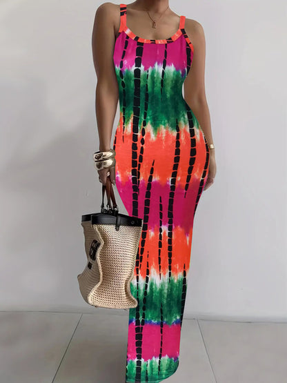Color Tie Dye Print Spaghetti Strap Long Dresses Package Hip Bodycon Dress Female Club Vestidos