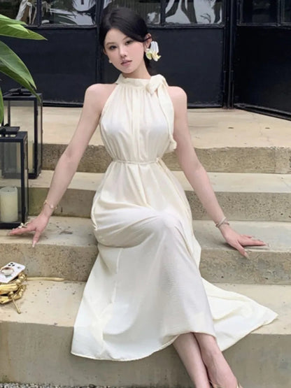 Summer Spring French Halter Dresses Off Shoulder Birthday Party Midi Dress Female Holiday Loose Vestidos
