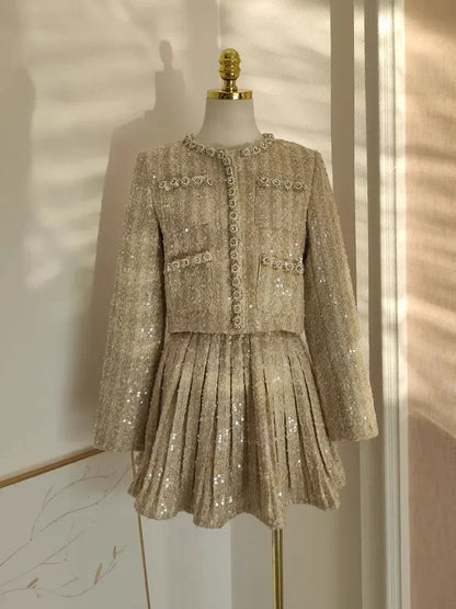 Small Fragrance Autumn Winter Beading Tweed Pearls Short Jacket Coat + Mini Pleated Skirt Suit Two Piece Sets Outifits