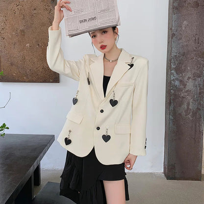 Blazer Jacket Loose Pockets Female Heart Chain Loose Long Sleeve Work Suit Coat Office Lady Blazers