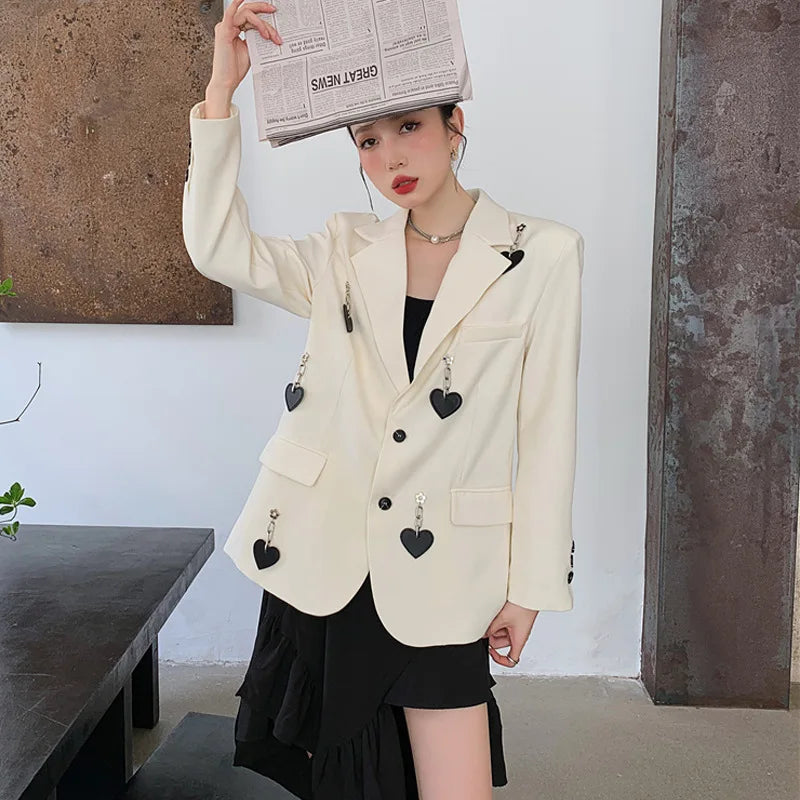 Blazer Jacket Loose Pockets Female Heart Chain Loose Long Sleeve Work Suit Coat Office Lady Blazers