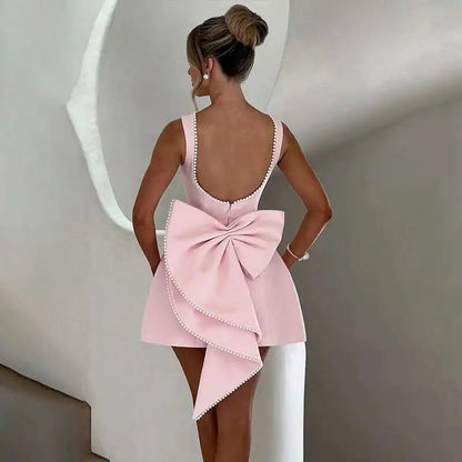 Pearl Bow Waist Wrap Backless Mini Dress