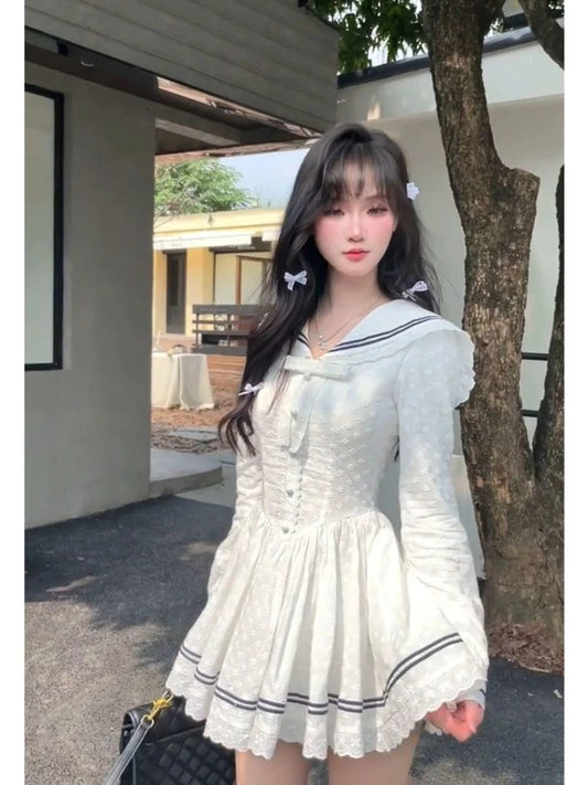 Mini Dresses Sweet Sailor Collar Long Sleeve Slim Ins Lace Bow Party Dress Preppy Style Female