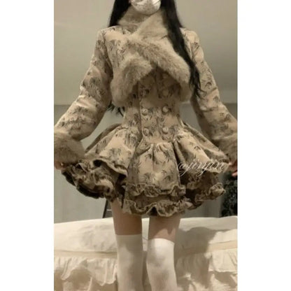 French Printed Waist Cinching Puffy Strap Camisole Dress Ruffle Plush Patchwork Short Coat Two Piece Sets Outfits