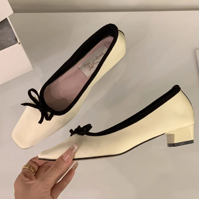 Satin Round Toe Bowknot Flat Shoes Brand Designe Open Heel Sweet Party Dress Square Heel Loafers