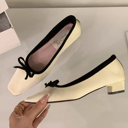 Satin Round Toe Bowknot Flat Shoes Brand Designe Open Heel Sweet Party Dress Square Heel Loafers