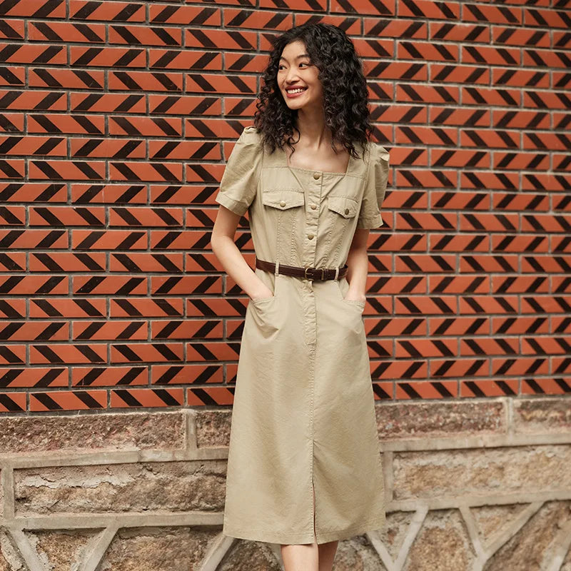 Dress Square Neck Split Midi Dress Summer New Salt-washed Utility Dress With Vibes