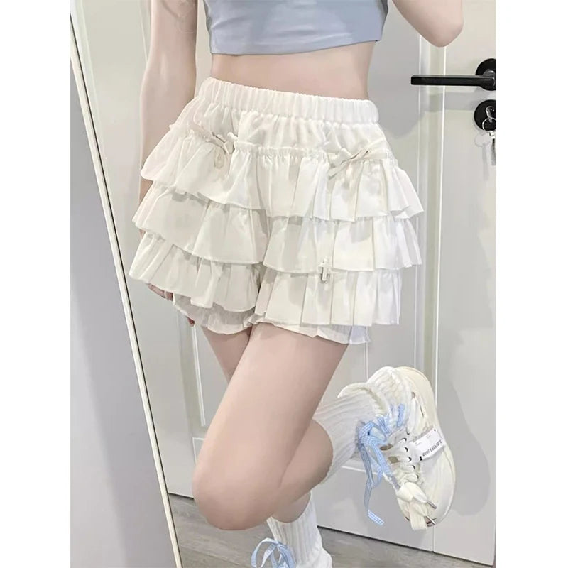 Y2k Sweet Ruffles Mini Skirt Kawaii Lolita Bow a Line Skirts Harajuku Japanese High Waist Pink White Ball Gown Skirt