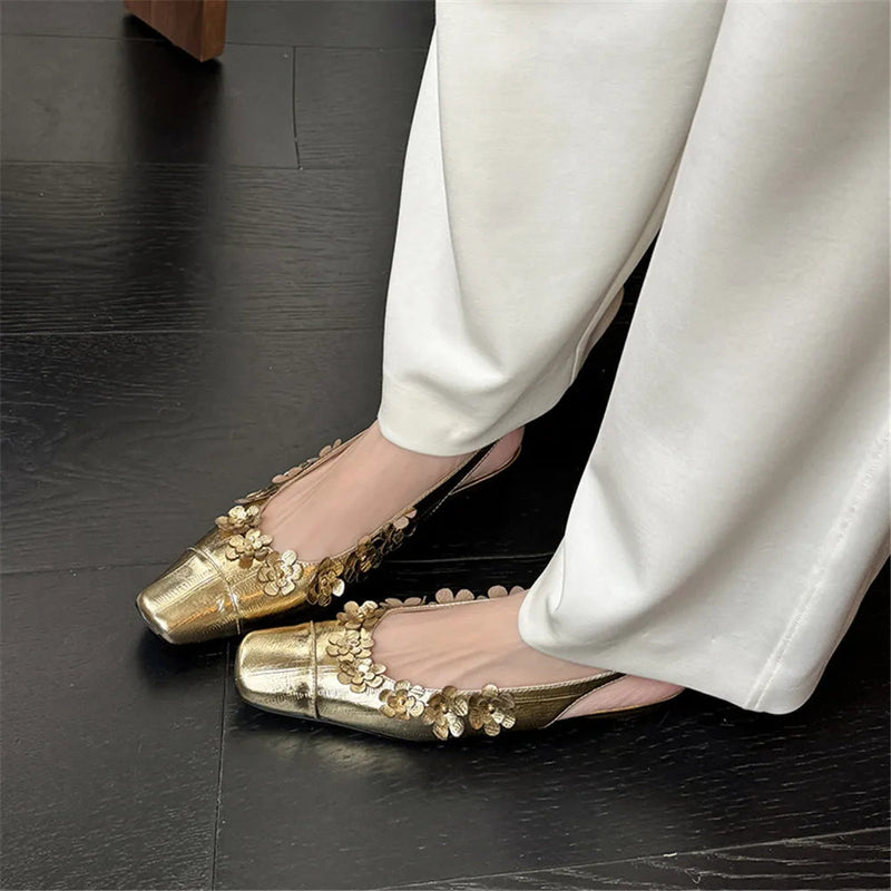 New Genuine Leather Pumps Flowers Decoration Party Wedding Shoes Woman Slingbacks Summer Sandals Pumps