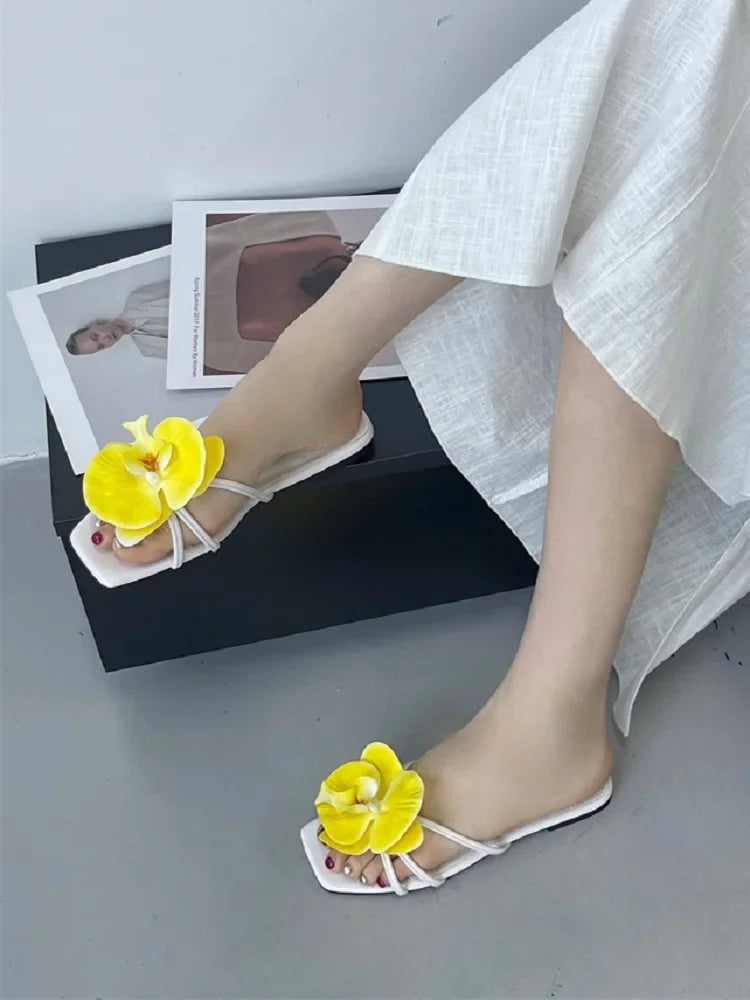 Summer Flower Narrown Band Low Heels Slippers Square Toe Beach Shoes Size 3543