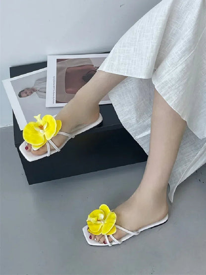 Summer Flower Narrown Band Low Heels Slippers Square Toe Beach Shoes Size 3543