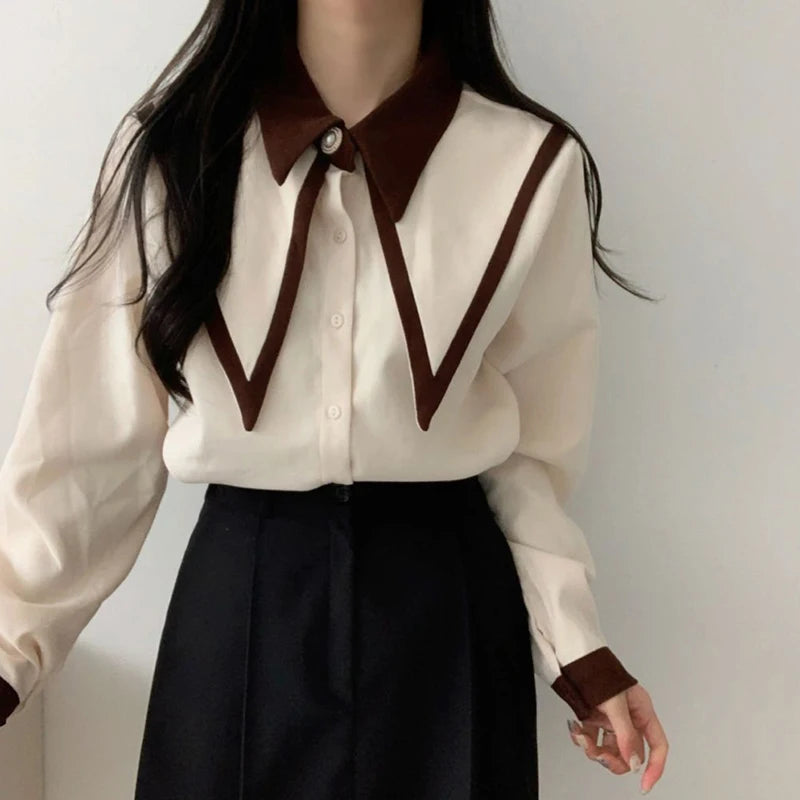 Shirts Korean Patchwork Black Long Sleeve Blouses Office Red Chiffon Tops New