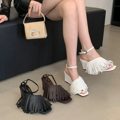 Tassels Designer Wedge Sandals Open Toe Summer New Ankle Strap High Heels Female Dress Shoes Pumps