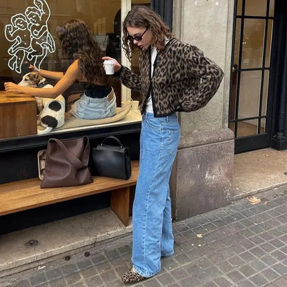 Leopard Print Knitted Mohair Cardigans O Neck Single Breasted Short Sweater Autumn New Lady
