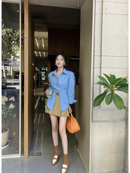 Shirts Tie Long Sleeve French Tops Loose Shirt Button Blouses for Autumn Blue Cotton Top