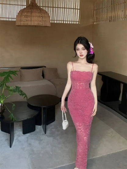 Rose Red Hollow Lace Suspender Dress for in Summer Waisthugging Skirt