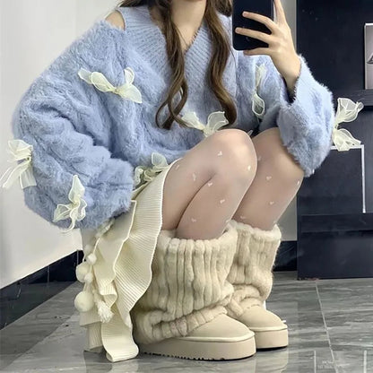 Knitted Sweater Bow Off Shoulder V Neck Loose Stretch Autumn Winter Pullover Female Jumper
